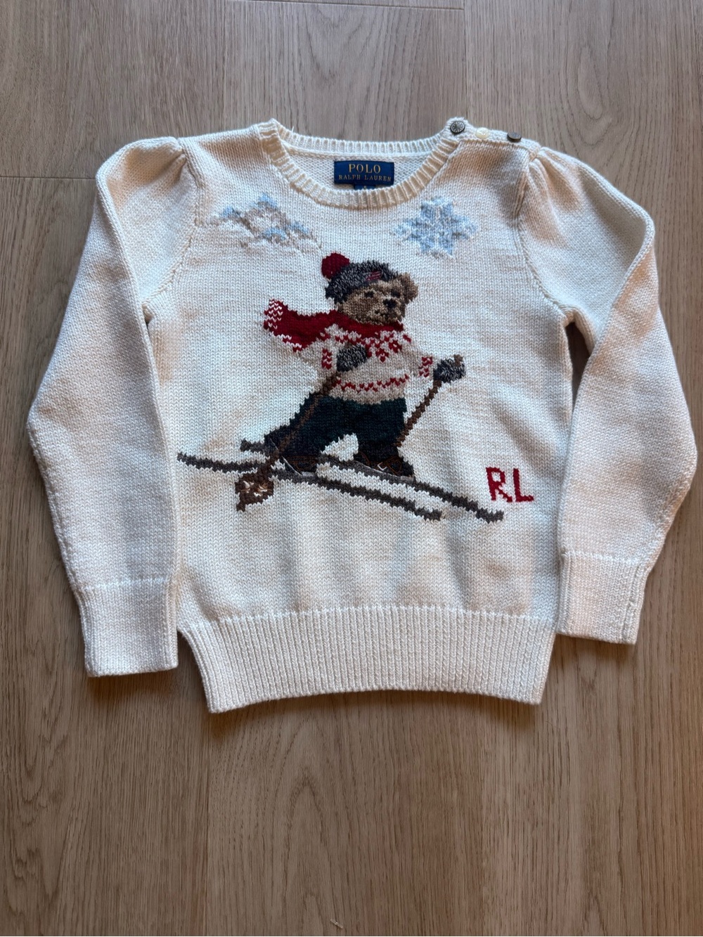 Polo by Ralph Lauren Cream Ski Bear Knit Sweater with Red Accents